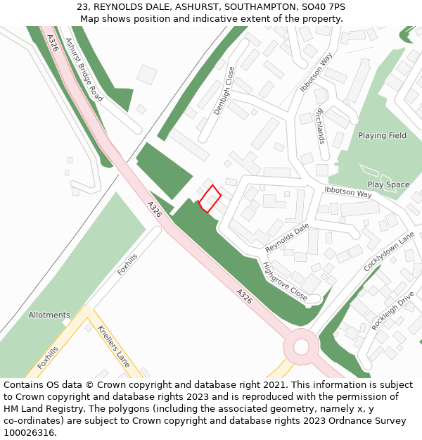 23, REYNOLDS DALE, ASHURST, SOUTHAMPTON, SO40 7PS: Location map and indicative extent of plot