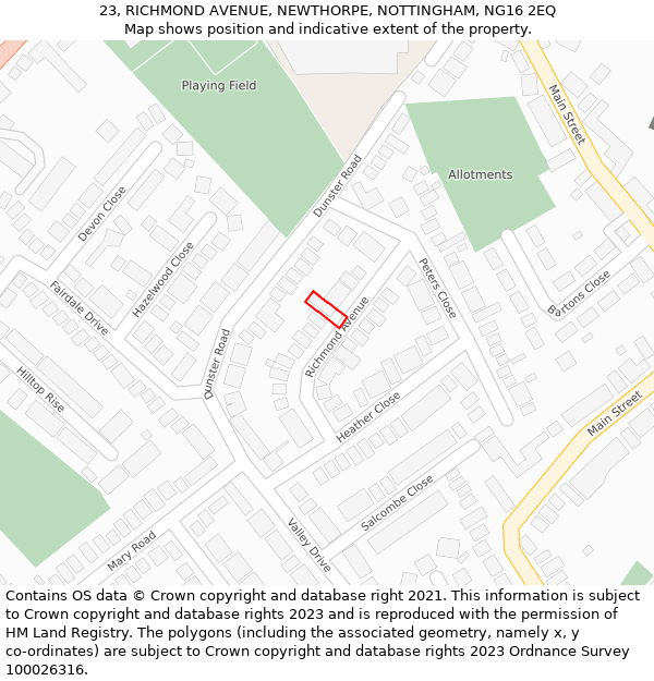 23, RICHMOND AVENUE, NEWTHORPE, NOTTINGHAM, NG16 2EQ: Location map and indicative extent of plot