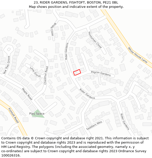 23, RIDER GARDENS, FISHTOFT, BOSTON, PE21 0BL: Location map and indicative extent of plot