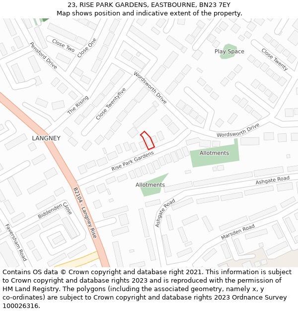 23, RISE PARK GARDENS, EASTBOURNE, BN23 7EY: Location map and indicative extent of plot