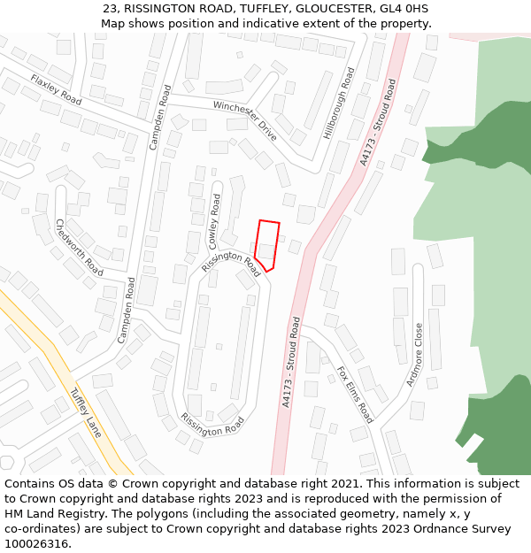 23, RISSINGTON ROAD, TUFFLEY, GLOUCESTER, GL4 0HS: Location map and indicative extent of plot