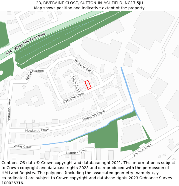 23, RIVERAINE CLOSE, SUTTON-IN-ASHFIELD, NG17 5JH: Location map and indicative extent of plot