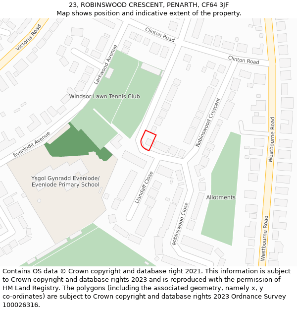 23, ROBINSWOOD CRESCENT, PENARTH, CF64 3JF: Location map and indicative extent of plot