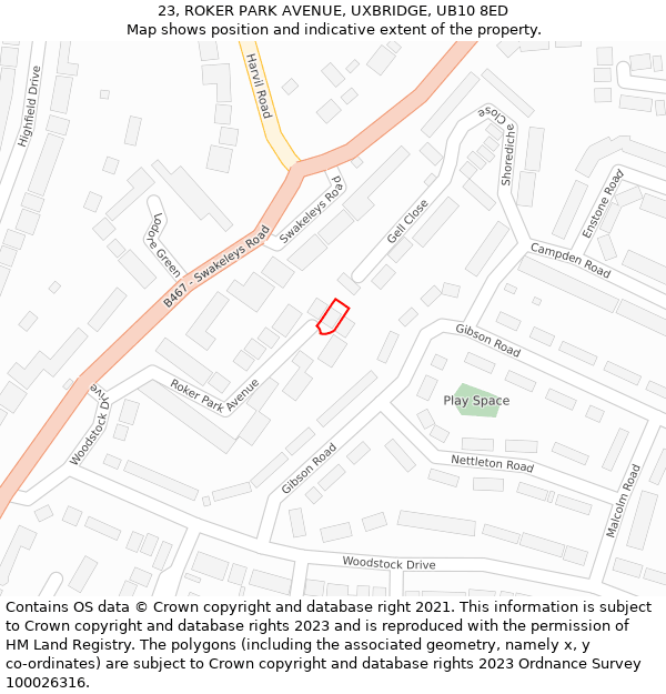 23, ROKER PARK AVENUE, UXBRIDGE, UB10 8ED: Location map and indicative extent of plot