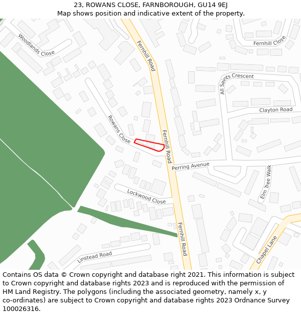 23, ROWANS CLOSE, FARNBOROUGH, GU14 9EJ: Location map and indicative extent of plot