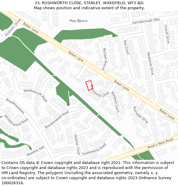 23, RUSHWORTH CLOSE, STANLEY, WAKEFIELD, WF3 4JG: Location map and indicative extent of plot