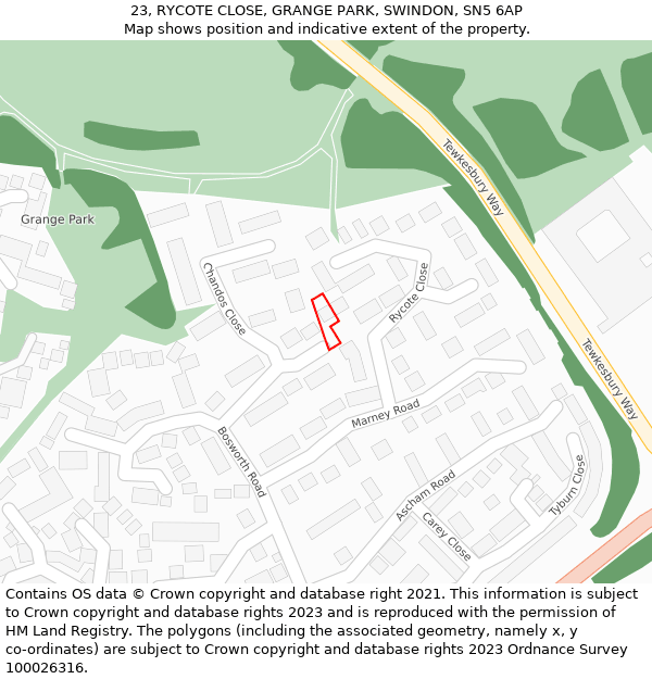 23, RYCOTE CLOSE, GRANGE PARK, SWINDON, SN5 6AP: Location map and indicative extent of plot