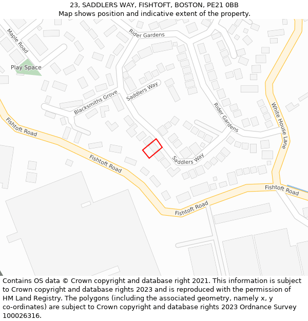 23, SADDLERS WAY, FISHTOFT, BOSTON, PE21 0BB: Location map and indicative extent of plot