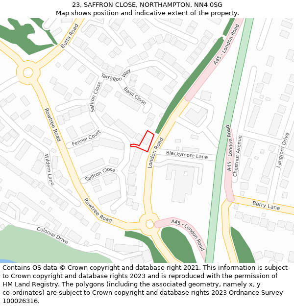 23, SAFFRON CLOSE, NORTHAMPTON, NN4 0SG: Location map and indicative extent of plot