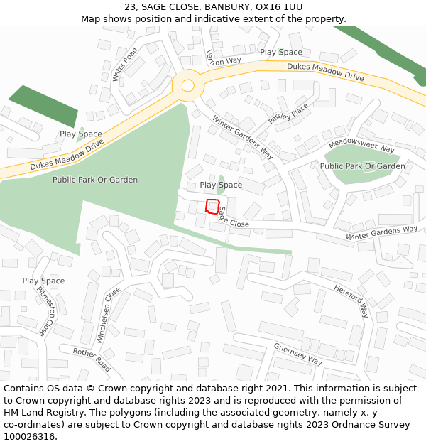 23, SAGE CLOSE, BANBURY, OX16 1UU: Location map and indicative extent of plot