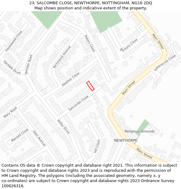 23, SALCOMBE CLOSE, NEWTHORPE, NOTTINGHAM, NG16 2DQ: Location map and indicative extent of plot