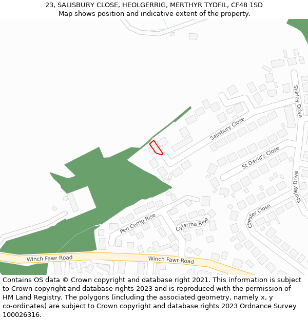 23, SALISBURY CLOSE, HEOLGERRIG, MERTHYR TYDFIL, CF48 1SD: Location map and indicative extent of plot