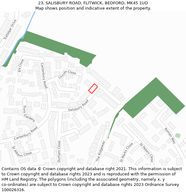 23, SALISBURY ROAD, FLITWICK, BEDFORD, MK45 1UD: Location map and indicative extent of plot