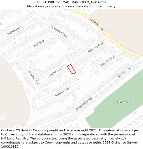 23, SALISBURY ROAD, MANSFIELD, NG19 6EY: Location map and indicative extent of plot