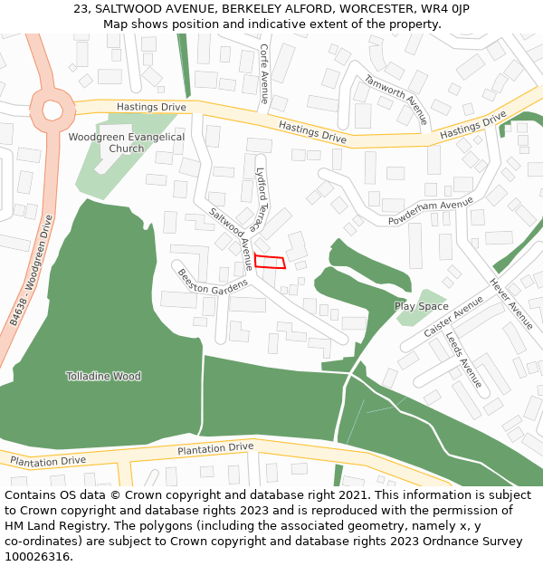 23, SALTWOOD AVENUE, BERKELEY ALFORD, WORCESTER, WR4 0JP: Location map and indicative extent of plot