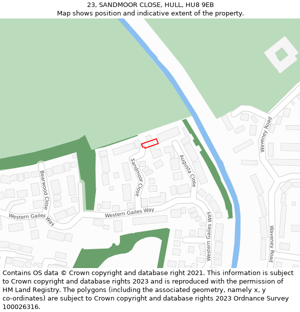 23, SANDMOOR CLOSE, HULL, HU8 9EB: Location map and indicative extent of plot