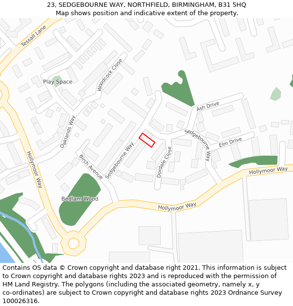 23, SEDGEBOURNE WAY, NORTHFIELD, BIRMINGHAM, B31 5HQ: Location map and indicative extent of plot