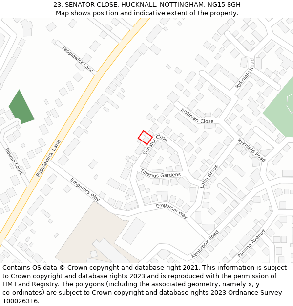 23, SENATOR CLOSE, HUCKNALL, NOTTINGHAM, NG15 8GH: Location map and indicative extent of plot