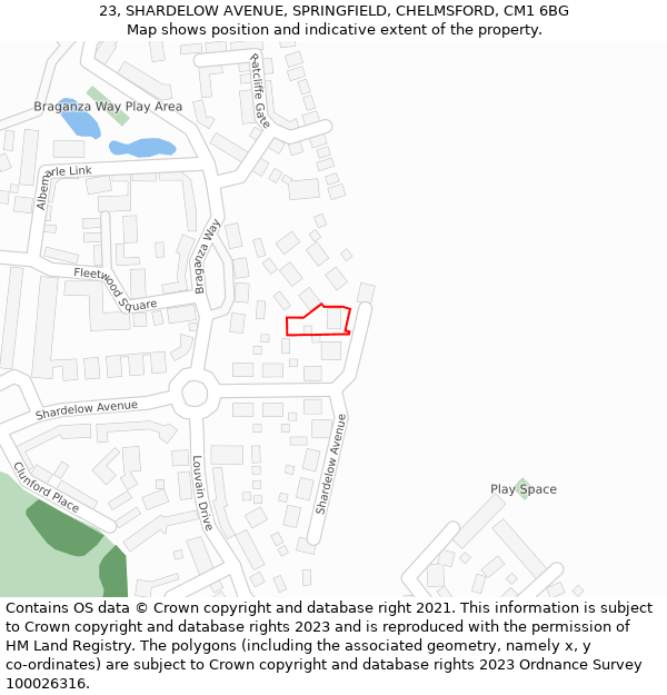 23, SHARDELOW AVENUE, SPRINGFIELD, CHELMSFORD, CM1 6BG: Location map and indicative extent of plot