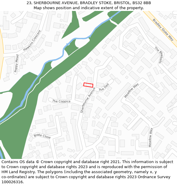 23, SHERBOURNE AVENUE, BRADLEY STOKE, BRISTOL, BS32 8BB: Location map and indicative extent of plot