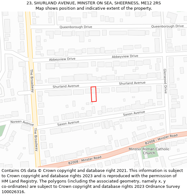 23, SHURLAND AVENUE, MINSTER ON SEA, SHEERNESS, ME12 2RS: Location map and indicative extent of plot