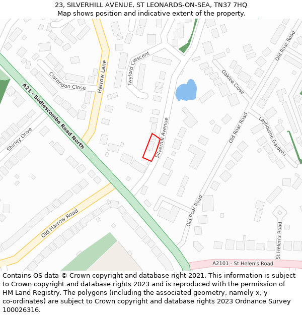 23, SILVERHILL AVENUE, ST LEONARDS-ON-SEA, TN37 7HQ: Location map and indicative extent of plot