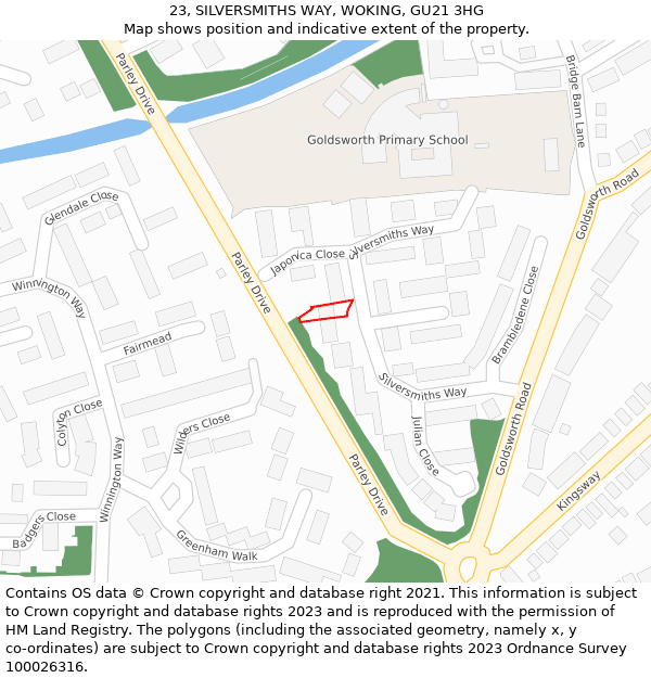 23, SILVERSMITHS WAY, WOKING, GU21 3HG: Location map and indicative extent of plot