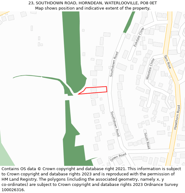 23, SOUTHDOWN ROAD, HORNDEAN, WATERLOOVILLE, PO8 0ET: Location map and indicative extent of plot
