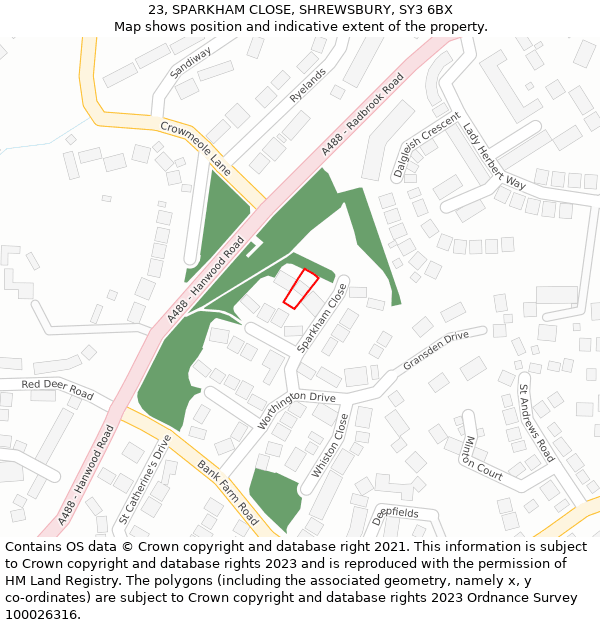 23, SPARKHAM CLOSE, SHREWSBURY, SY3 6BX: Location map and indicative extent of plot