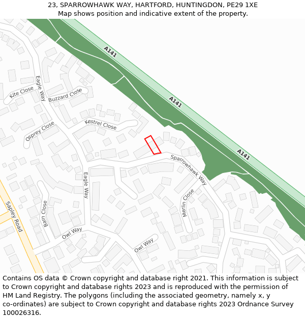 23, SPARROWHAWK WAY, HARTFORD, HUNTINGDON, PE29 1XE: Location map and indicative extent of plot