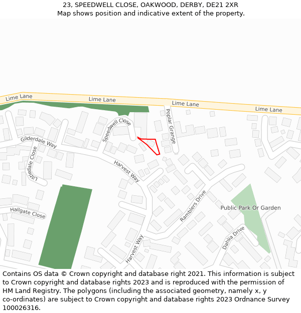 23, SPEEDWELL CLOSE, OAKWOOD, DERBY, DE21 2XR: Location map and indicative extent of plot