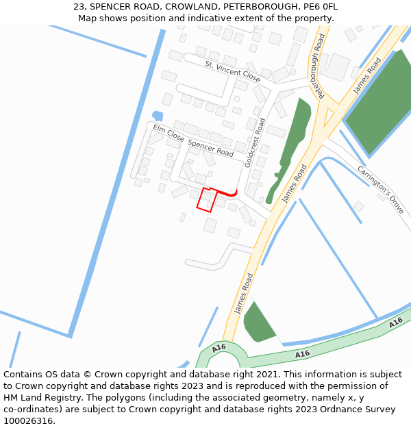 23, SPENCER ROAD, CROWLAND, PETERBOROUGH, PE6 0FL: Location map and indicative extent of plot