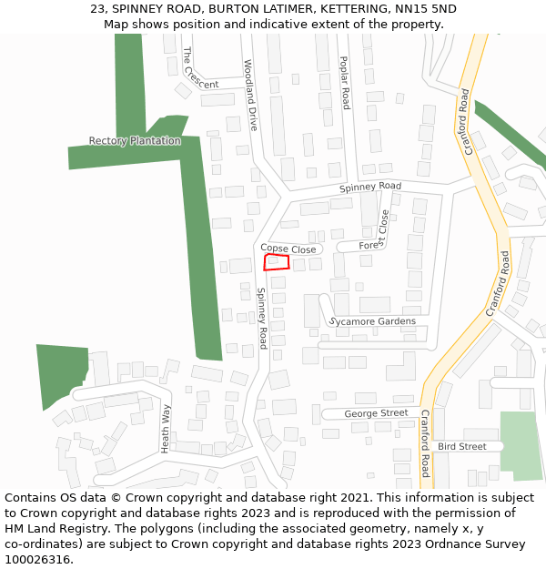 23, SPINNEY ROAD, BURTON LATIMER, KETTERING, NN15 5ND: Location map and indicative extent of plot