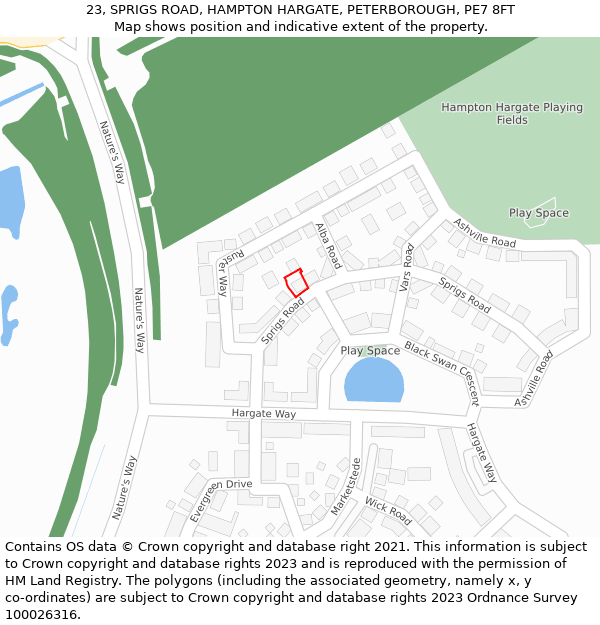 23, SPRIGS ROAD, HAMPTON HARGATE, PETERBOROUGH, PE7 8FT: Location map and indicative extent of plot