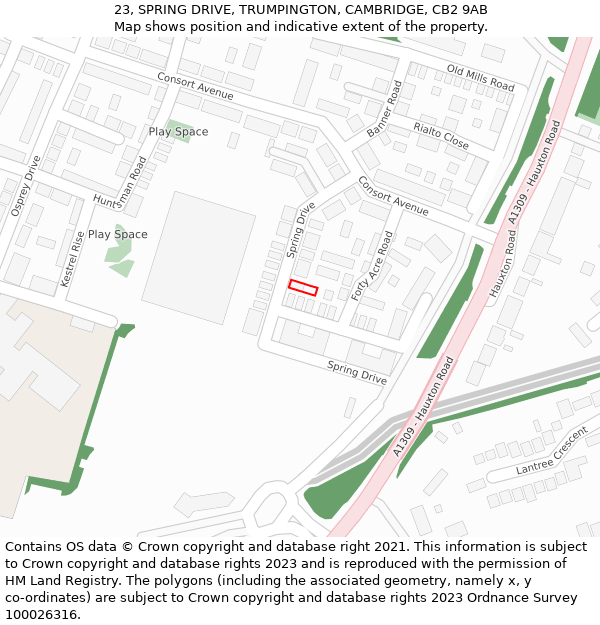 23, SPRING DRIVE, TRUMPINGTON, CAMBRIDGE, CB2 9AB: Location map and indicative extent of plot