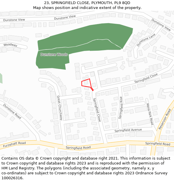 23, SPRINGFIELD CLOSE, PLYMOUTH, PL9 8QD: Location map and indicative extent of plot