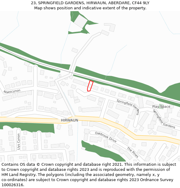 23, SPRINGFIELD GARDENS, HIRWAUN, ABERDARE, CF44 9LY: Location map and indicative extent of plot