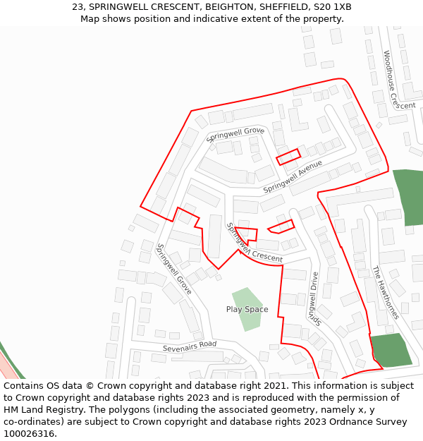 23, SPRINGWELL CRESCENT, BEIGHTON, SHEFFIELD, S20 1XB: Location map and indicative extent of plot