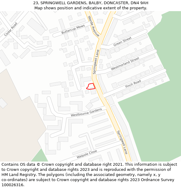 23, SPRINGWELL GARDENS, BALBY, DONCASTER, DN4 9AH: Location map and indicative extent of plot