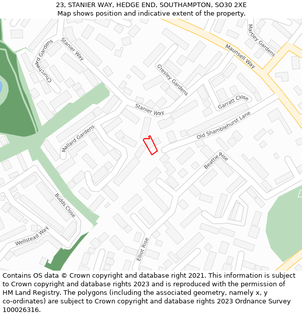 23, STANIER WAY, HEDGE END, SOUTHAMPTON, SO30 2XE: Location map and indicative extent of plot