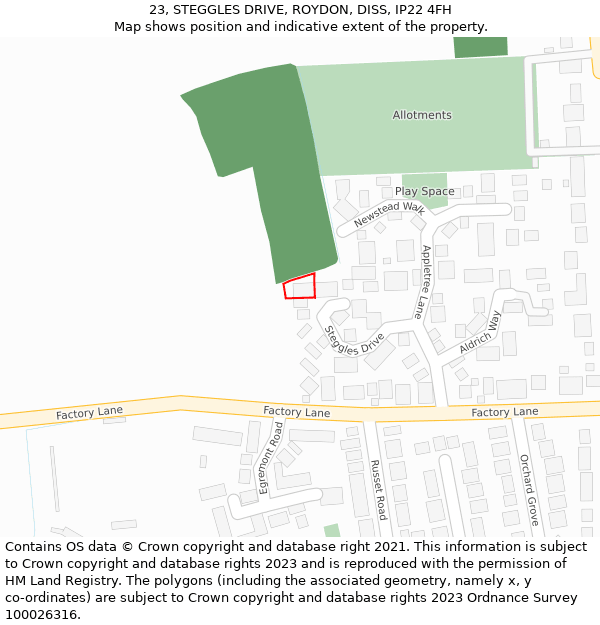 23, STEGGLES DRIVE, ROYDON, DISS, IP22 4FH: Location map and indicative extent of plot