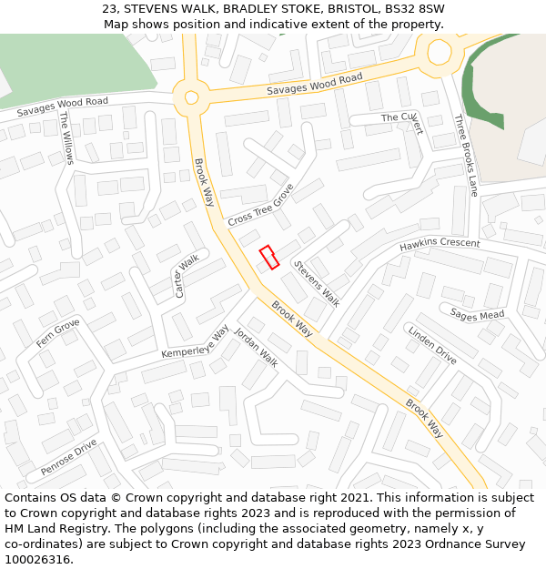 23, STEVENS WALK, BRADLEY STOKE, BRISTOL, BS32 8SW: Location map and indicative extent of plot