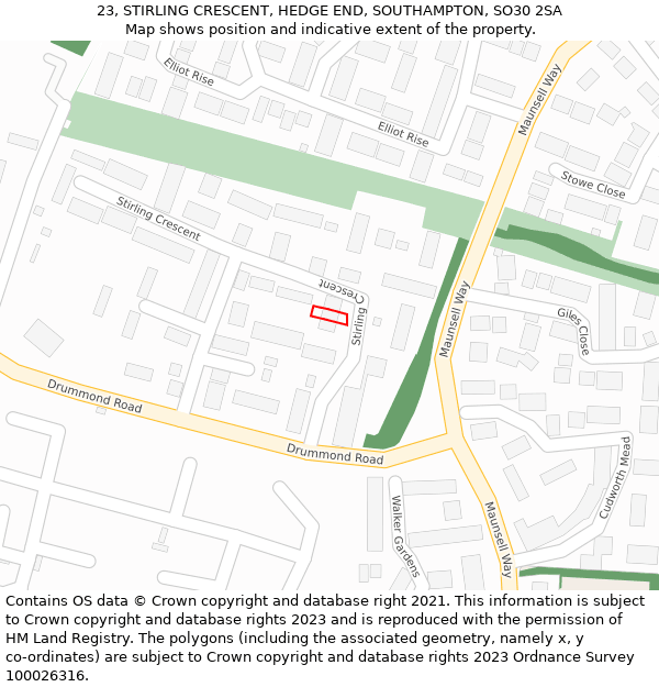 23, STIRLING CRESCENT, HEDGE END, SOUTHAMPTON, SO30 2SA: Location map and indicative extent of plot