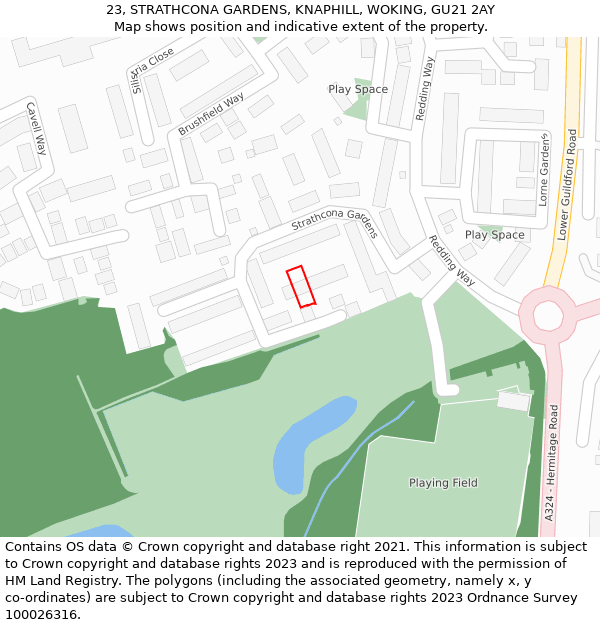 23, STRATHCONA GARDENS, KNAPHILL, WOKING, GU21 2AY: Location map and indicative extent of plot