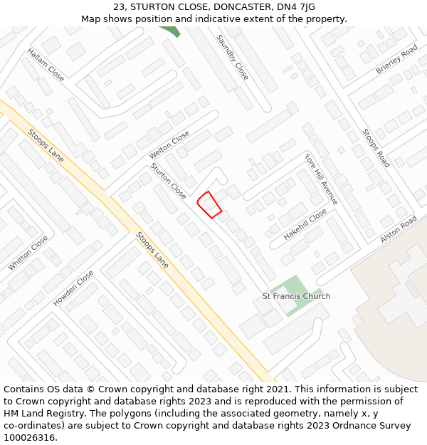 23, STURTON CLOSE, DONCASTER, DN4 7JG: Location map and indicative extent of plot