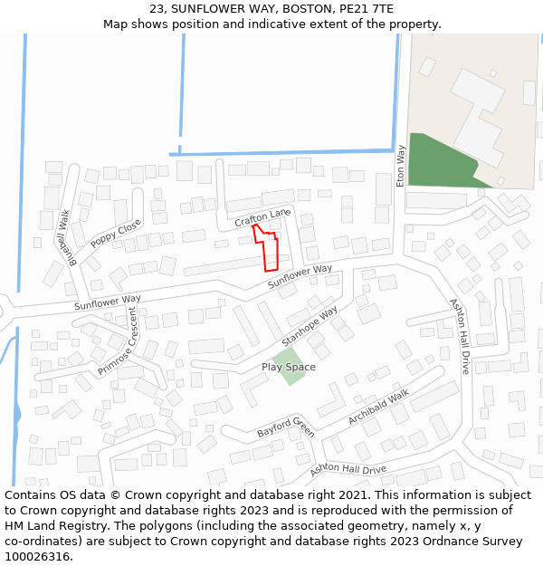 23, SUNFLOWER WAY, BOSTON, PE21 7TE: Location map and indicative extent of plot