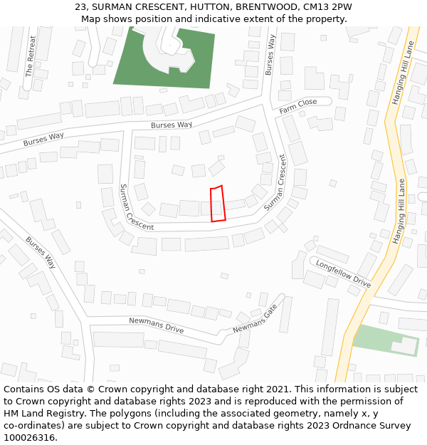 23, SURMAN CRESCENT, HUTTON, BRENTWOOD, CM13 2PW: Location map and indicative extent of plot