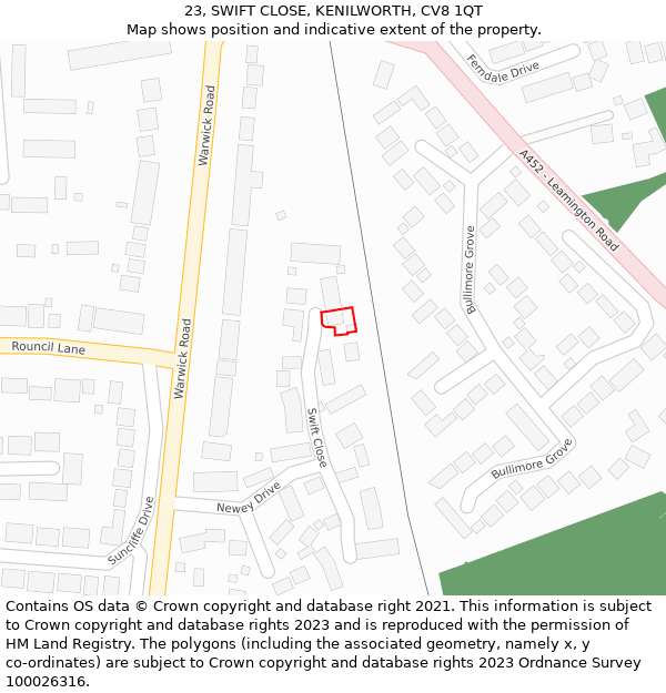 23, SWIFT CLOSE, KENILWORTH, CV8 1QT: Location map and indicative extent of plot