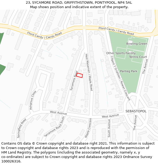 23, SYCAMORE ROAD, GRIFFITHSTOWN, PONTYPOOL, NP4 5AL: Location map and indicative extent of plot