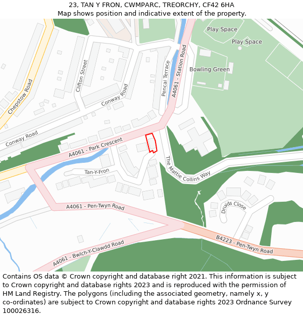 23, TAN Y FRON, CWMPARC, TREORCHY, CF42 6HA: Location map and indicative extent of plot